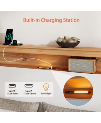King Bed Frame with Built-In Charging Station in Rustic White