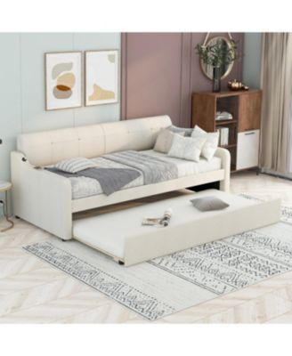 Twin Upholstered Daybed with Trundle & USB, Beige