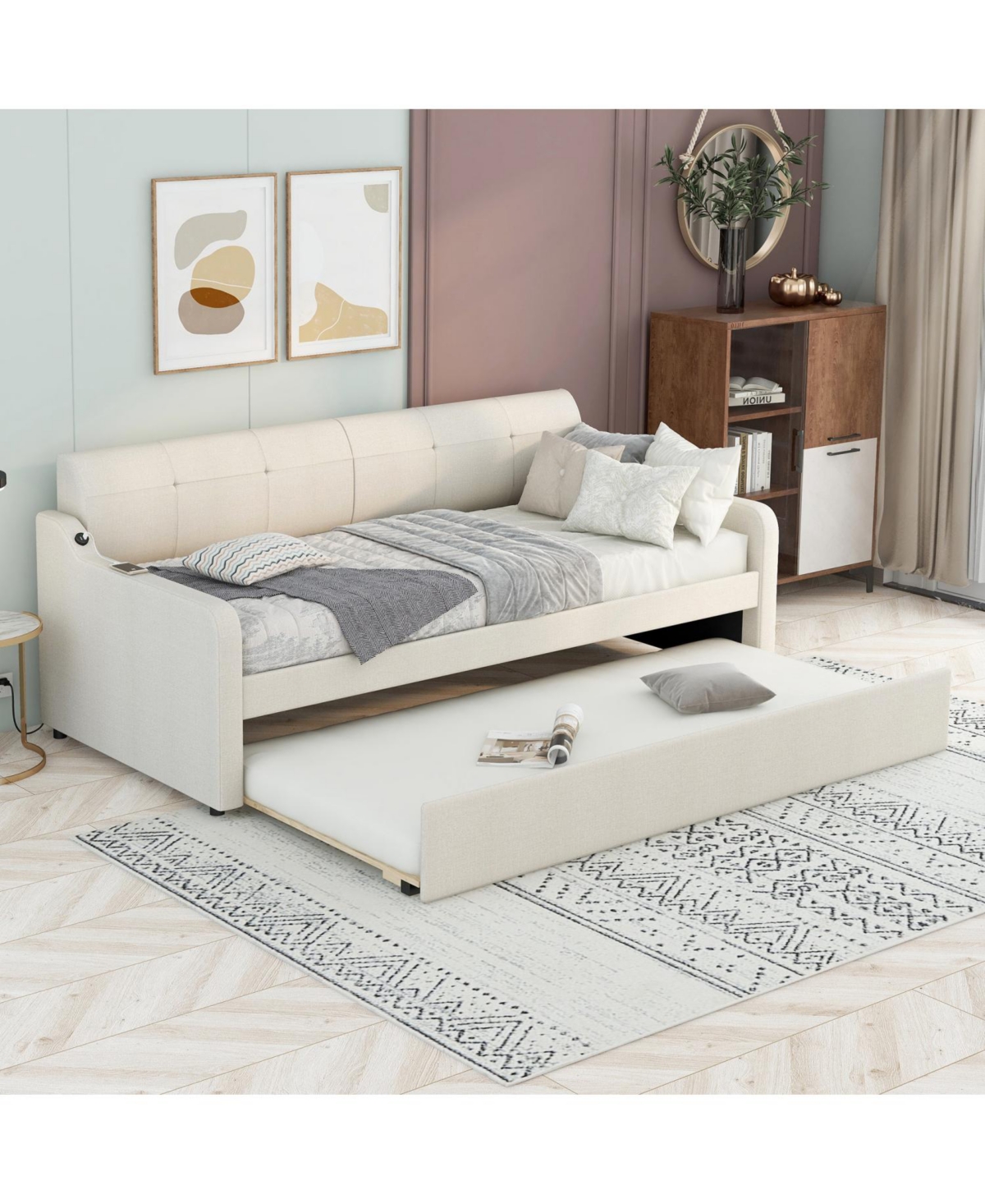 Streamdale Furniture Twin Upholstered Daybed with Trundle & Usb, Beige