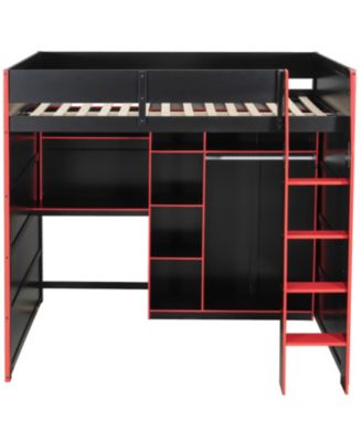 Full Size Wood Loft Bed with Desk Wardrobe Storage & RGB Lights Red