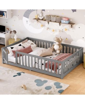  Full Size Floor Bed with Guardrails and Door for Kids Gray