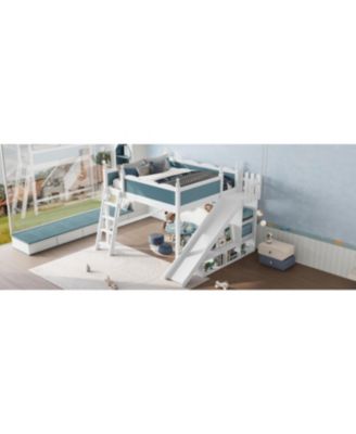 Queen Loft Bed with Storage Shelves, Cabinet, Slide & Ladder (Blue/White)