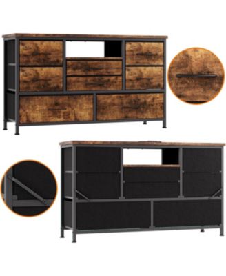 8-Drawer Dresser TV Stand with LED Lights & Charging Station, 55" Entertainment Center Storage, Rustic Brown
