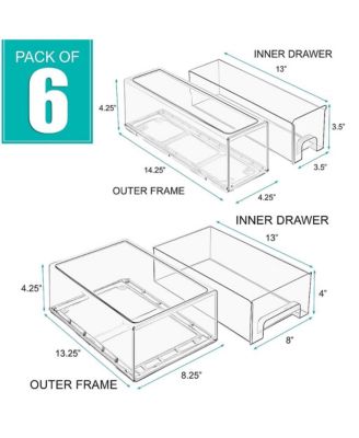 2 Medium & 4 Small Clear Stackable Pull-Out Refrigerator Drawers with Handles - for Kitchen, Freezer, Fridge, & More