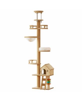 Adjustable 98-110 Inch Cat Tree with Scratching Post, Wood Condo, & Hammock