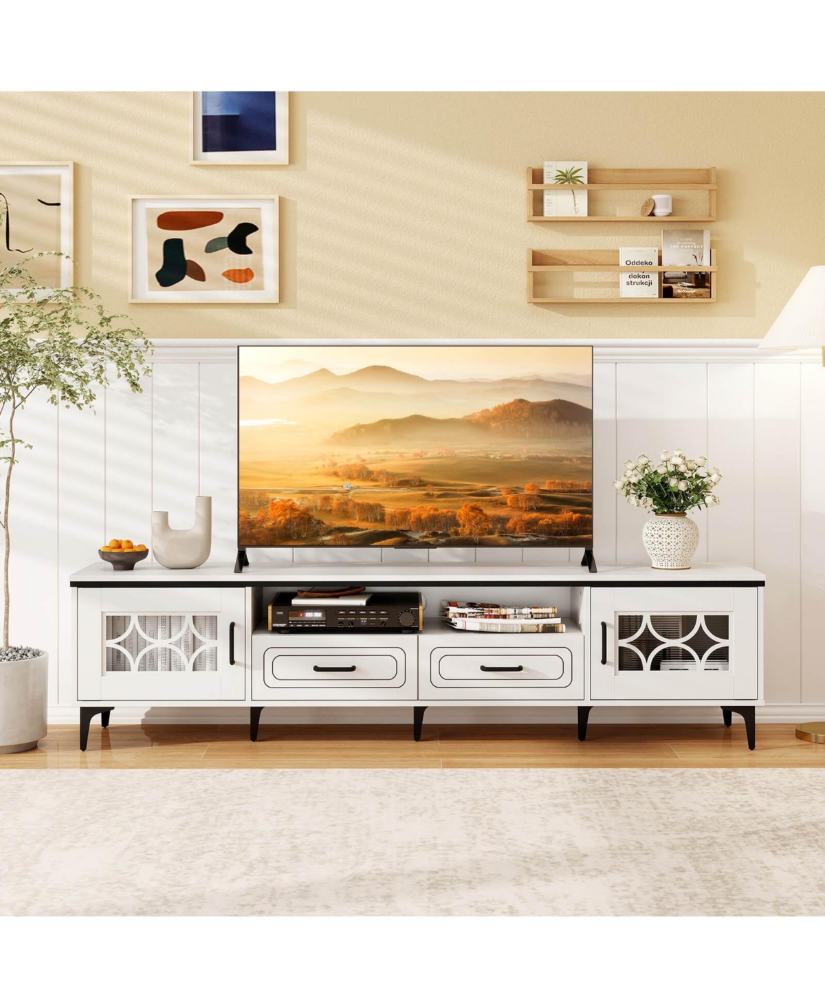 Costway 71" Tv Stand for TVs up to 80" with Open Compartment Side Cabinets & Drawers