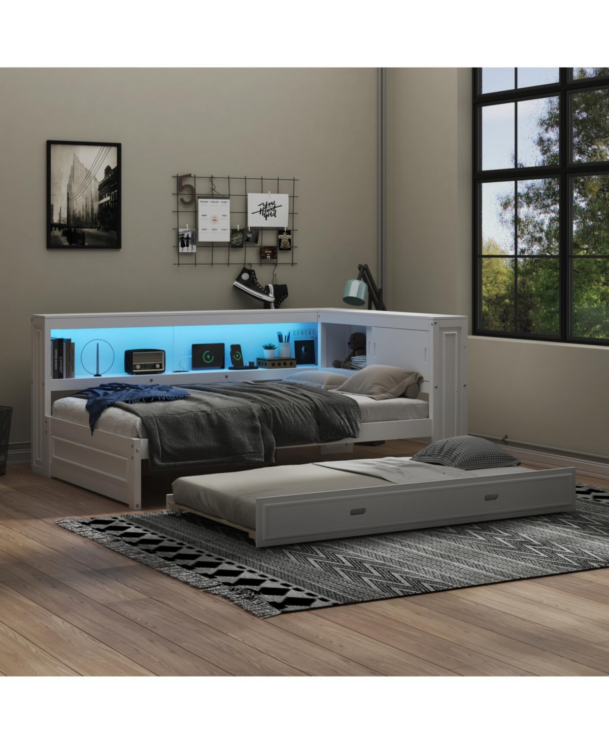 Streamdale Furniture Full Wood Daybed with Storage Shelves, Usb, Led, and Trundle