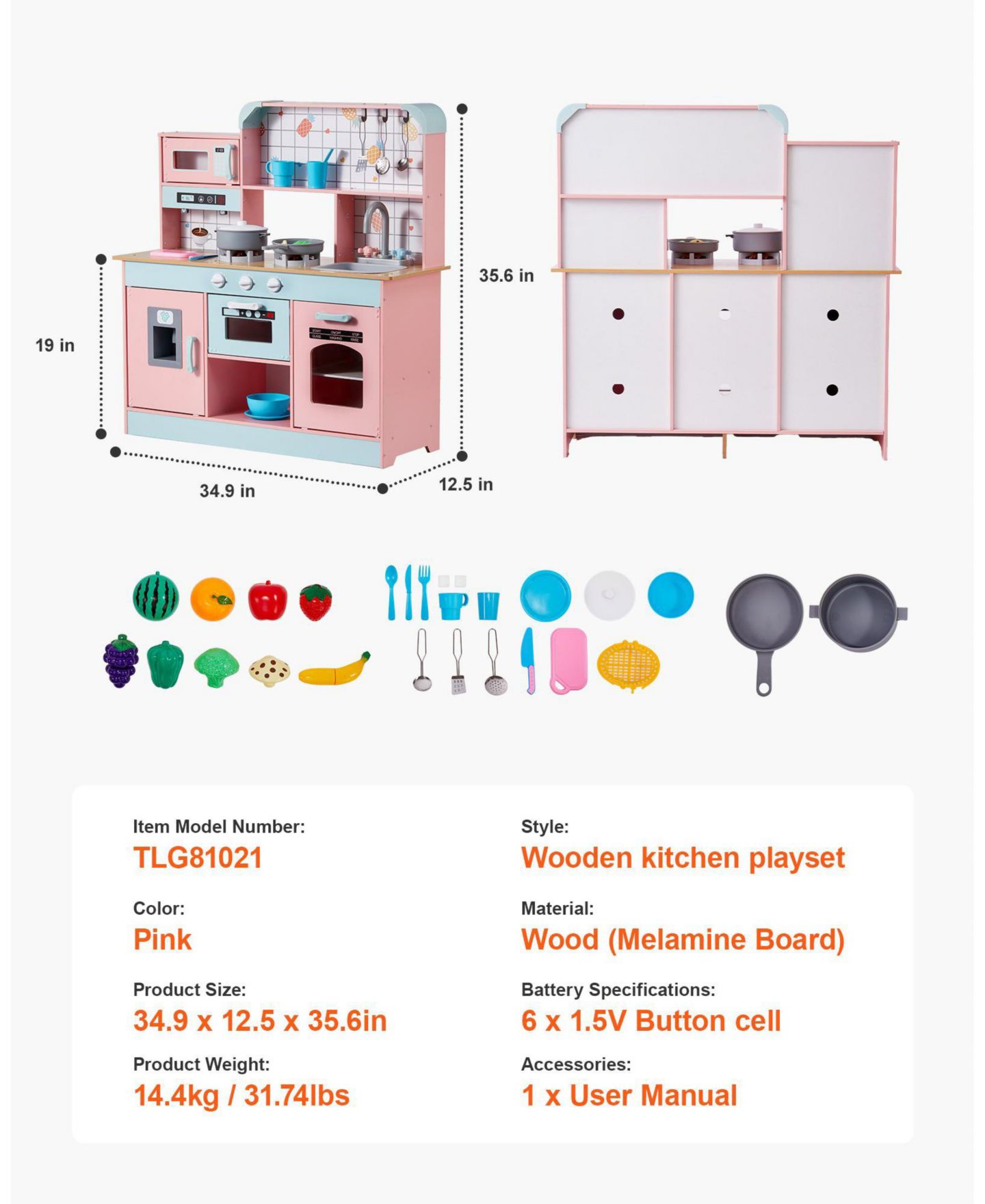 Детские игрушки SUGIFT Electronic Sounds & LED Lights 24-Piece Play Kitchen Set, Ages 3+, цвет: Розовый — фото 4