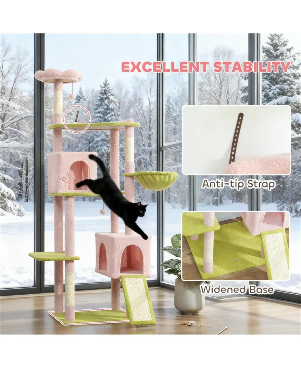 Aostirmotor 74" Flower Cat Tree with Scratching Post & Board in Pink