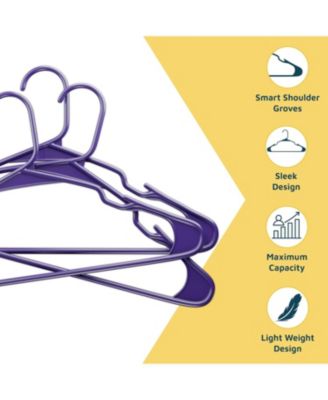 heavy-duty plastic hangers with non-slip grooves, space-saving design, and 5 lb capacity ideal for clothes $ dresses. Pack of 10, purple.