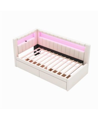 Upholstered Twin Size Platform Bed with USB Ports and LED Belt With 2 Drawers White