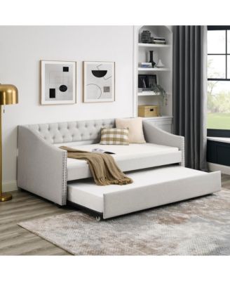 Twin Size Daybed with Twin Size Trundle Upholstered Tufted Sofa Bed with Button on Back and Copper Nail on Waved Shape Arms