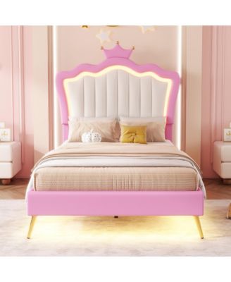 Twin Upholstered Bed with LED Lights & Crown Headboard, Pink/White Princess Style