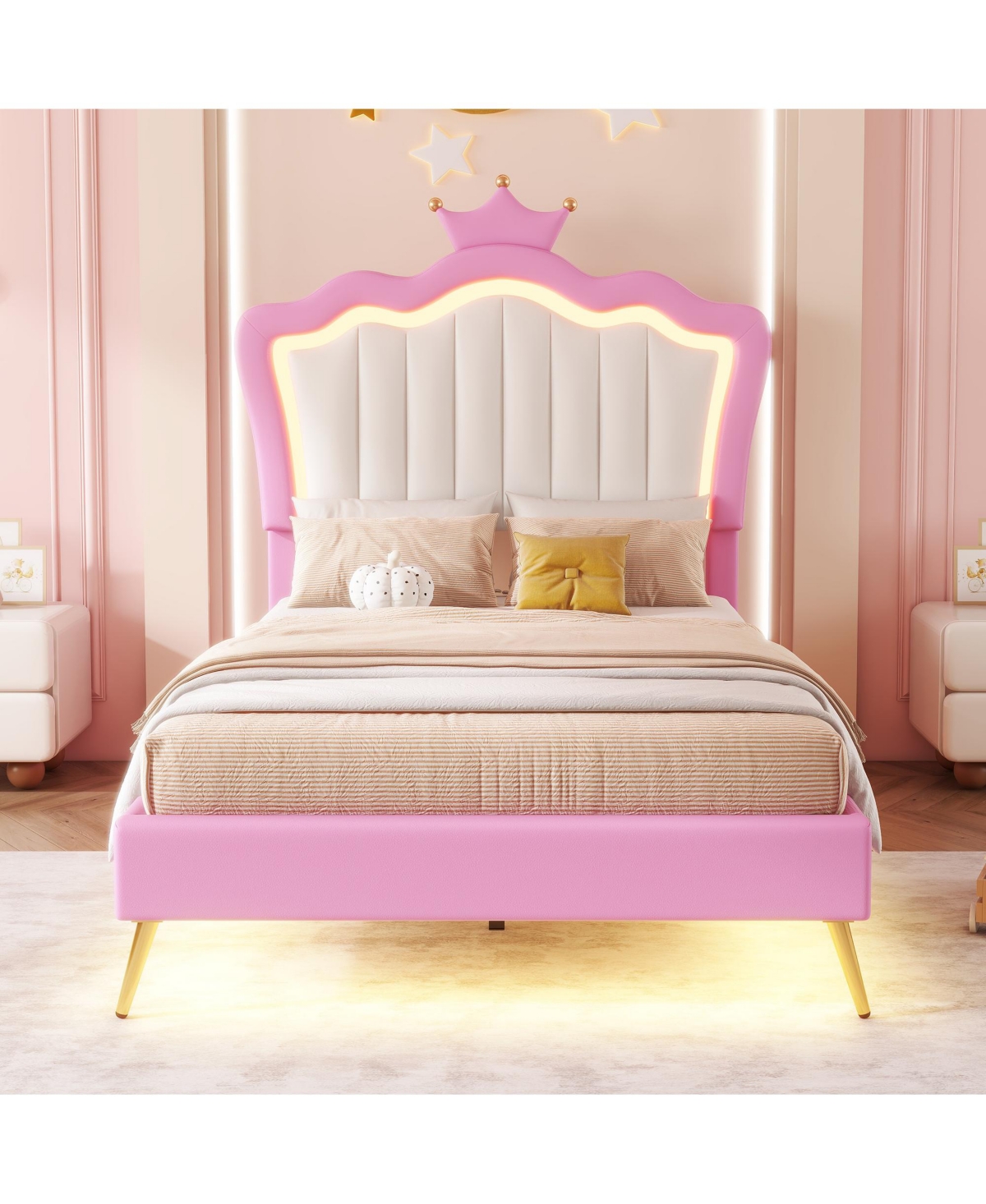 Lovmor Twin Upholstered Bed with Led Lights & Crown Headboard, Pink/White Princess Style