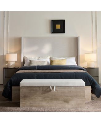 Shelton Upholstered Wingback Bed Wood Base Modern Farmhouse Neutral Scandinavian Queen Textured Ivory Canvas Chenille