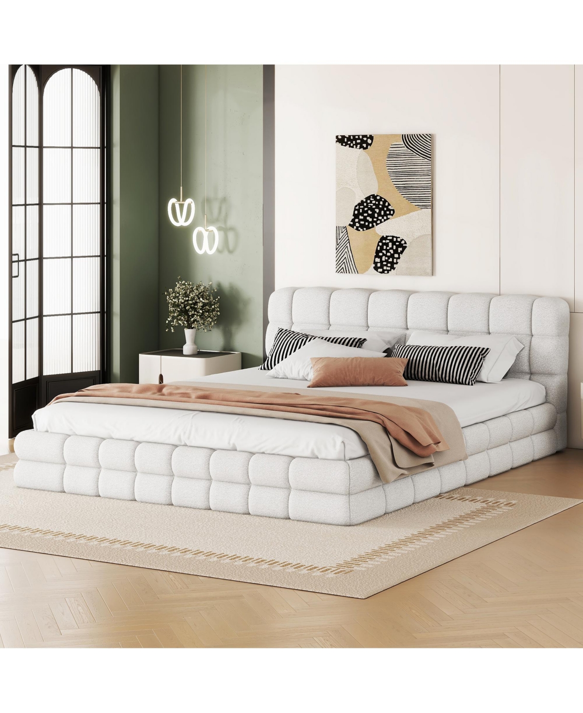 Lovmor Queen Size 51" High Headboard Wingback Linen Upholstered Bed No Box Spring Needed Beige