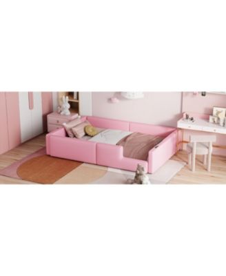Twin Size Upholstered Platform Bed with Guardrail and Charging Station Pink