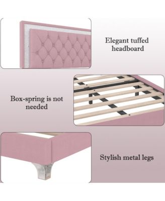 Queen Size Upholstered Bed Frame with LED Lights Modern Velvet Platform Bed with Tufted Headboard Pink