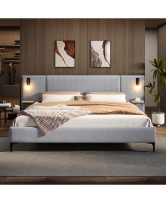 Chic Linen Upholstered Bed with Integrated Lights and Shelves Grey Queen