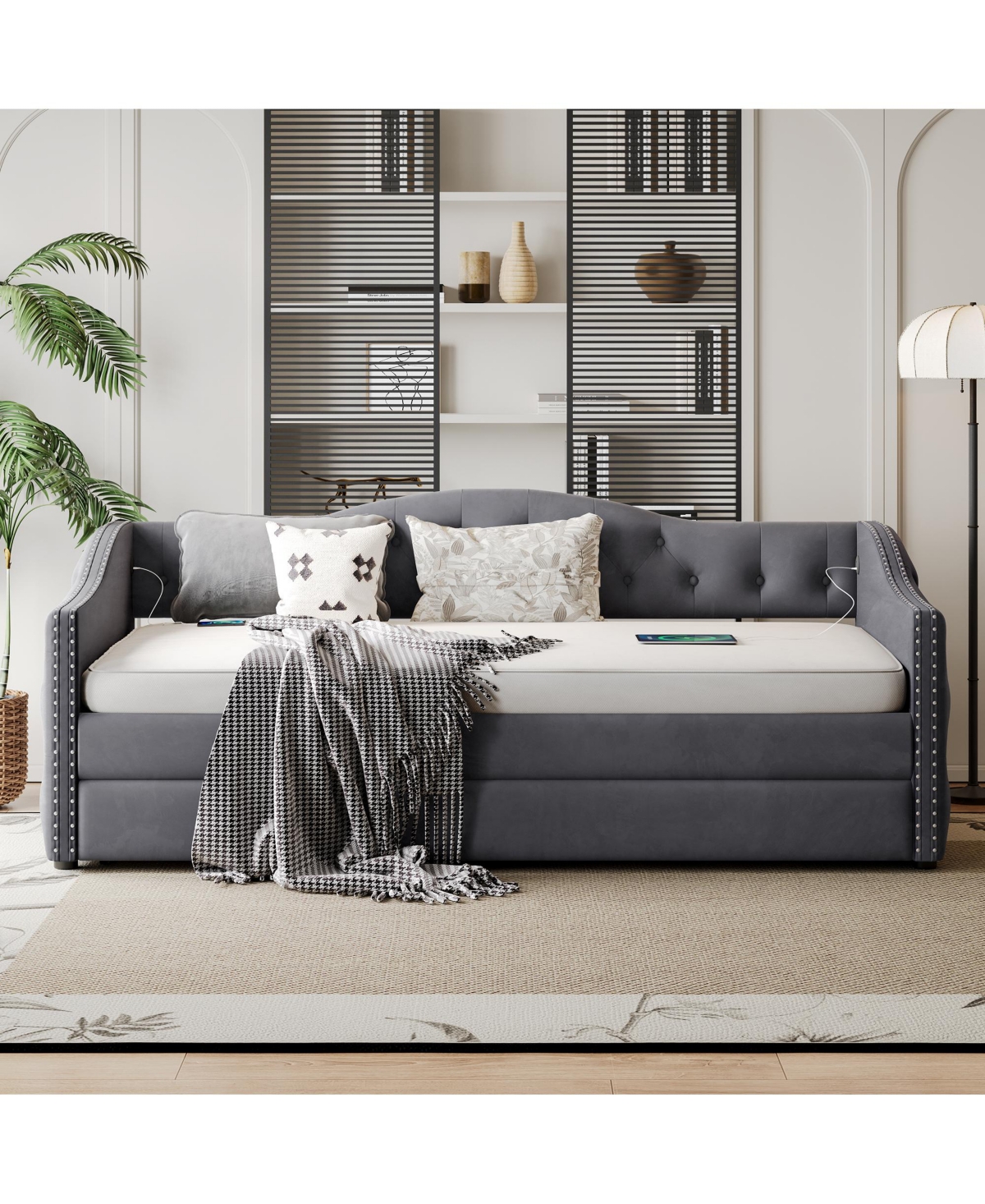 Lovmor Twin Size Upholstered Daybed with Trundle and Usb Charging Design Sturdy Wood Slat Support Wood Bed Frame Plush Velvet Fabric Gray