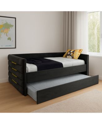 Modern Twin Size Daybed With Trundle Upholstered Black Velvet Sofa Bed Frame With Gold Accents Space-Saving Guest Bed
