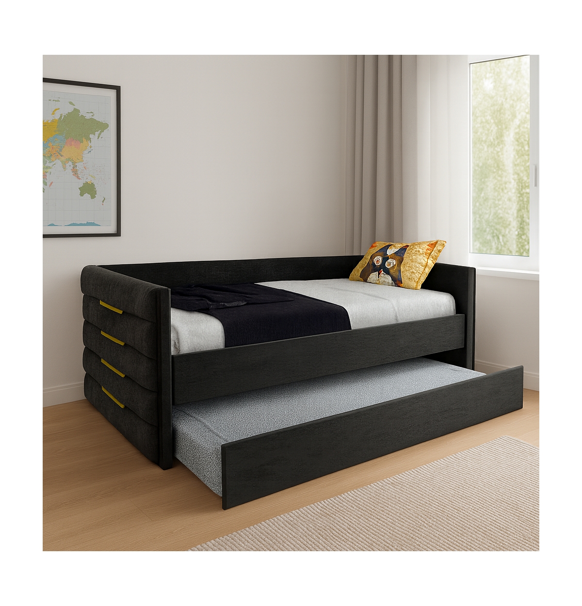 Lovmor Modern Twin Size Daybed With Trundle Upholstered Black Velvet Sofa Bed Frame With Gold Accents Space-Saving Guest Bed