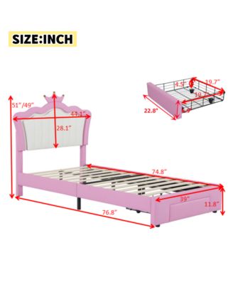 Twin Size Upholstered Bed Frame with LED Lights Modern Upholstered Princess Bed with Crown Headboard a Drawer