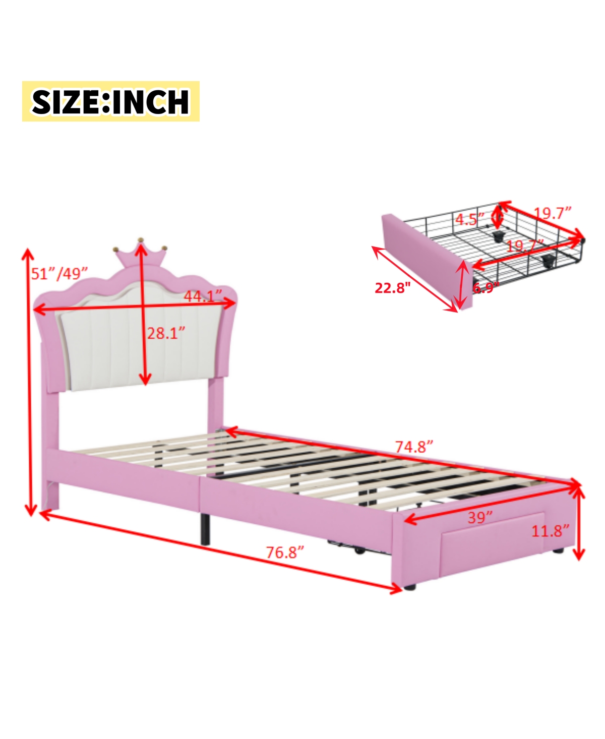 Lovmor Twin Size Upholstered Bed Frame with Led Lights Modern Upholstered Princess Bed with Crown Headboard a Drawer