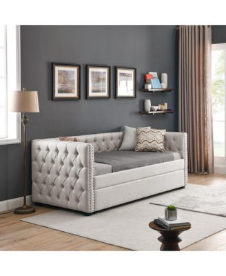 Daybed with Trundle Upholstered Tufted Sofa Bed with Button and Copper Nail on Square Arms both Twin Size Beige
