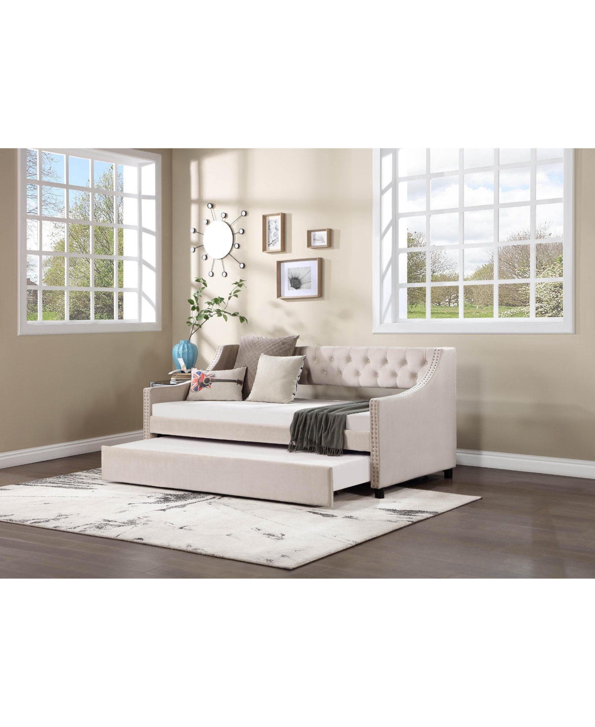 Daybed with Trundle Upholstered Tufted Sofa Bed with Button and Copper Nail on Arms full Size Beige
