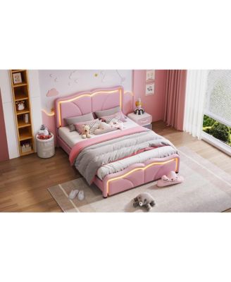Full Size Upholstered Platform Bed with Curve Shaped and Height-adjustbale Headboard LED Light Strips Pink