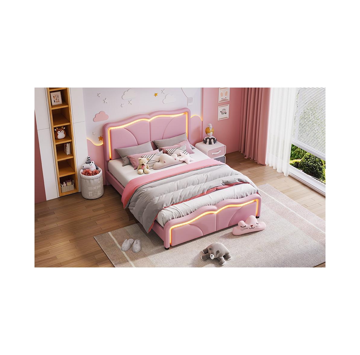 Lovmor Full Size Upholstered Platform Bed with Curve Shaped and Height-adjustbale Headboard Led Light Strips Pink
