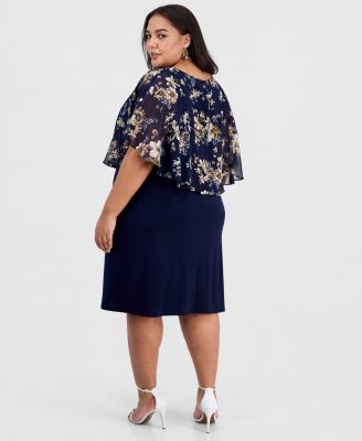 Plus Size Floral- Chiffon Cape-Overlay Dress