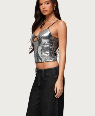 Womens Rokko Cut Out Sequin Top