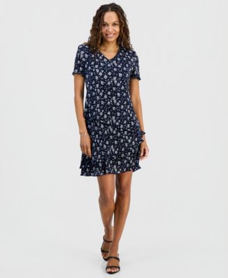 Petite Floral Ruffle-Tiered V-Neck Sheath Dress