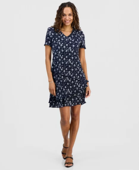 Petite Floral Ruffle-Tiered V-Neck Sheath Dress - Nvy