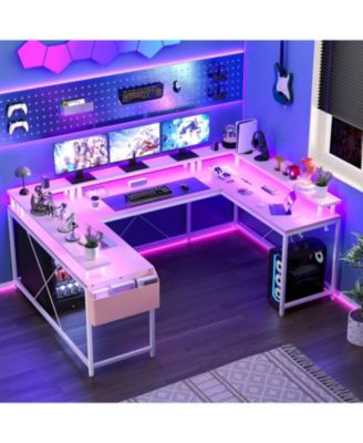 78" U-Shaped Computer Desk with Power Outlets, RGB LED and Storage, Reversible L-Shaped Gaming Desk