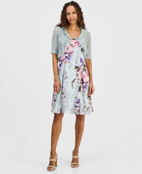 Petite 2-Pc. Floral Chiffon Sleeveless Dress and Ruffle-Front Jacket - SGE
