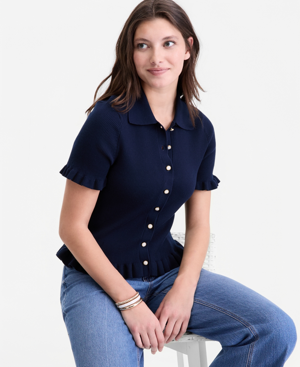 On 34th Women's Short-Sleeve Ruffle-Trim Collared Sweater, Macy's Exclusive