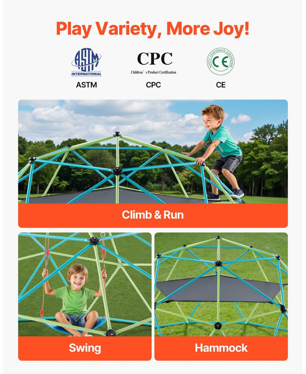 Mecale Climbing Dome, 10 ft Geometric Dome with Swing and Hammock, 1000 lb Capacity Outdoor Playground for Kids Ages 3–10