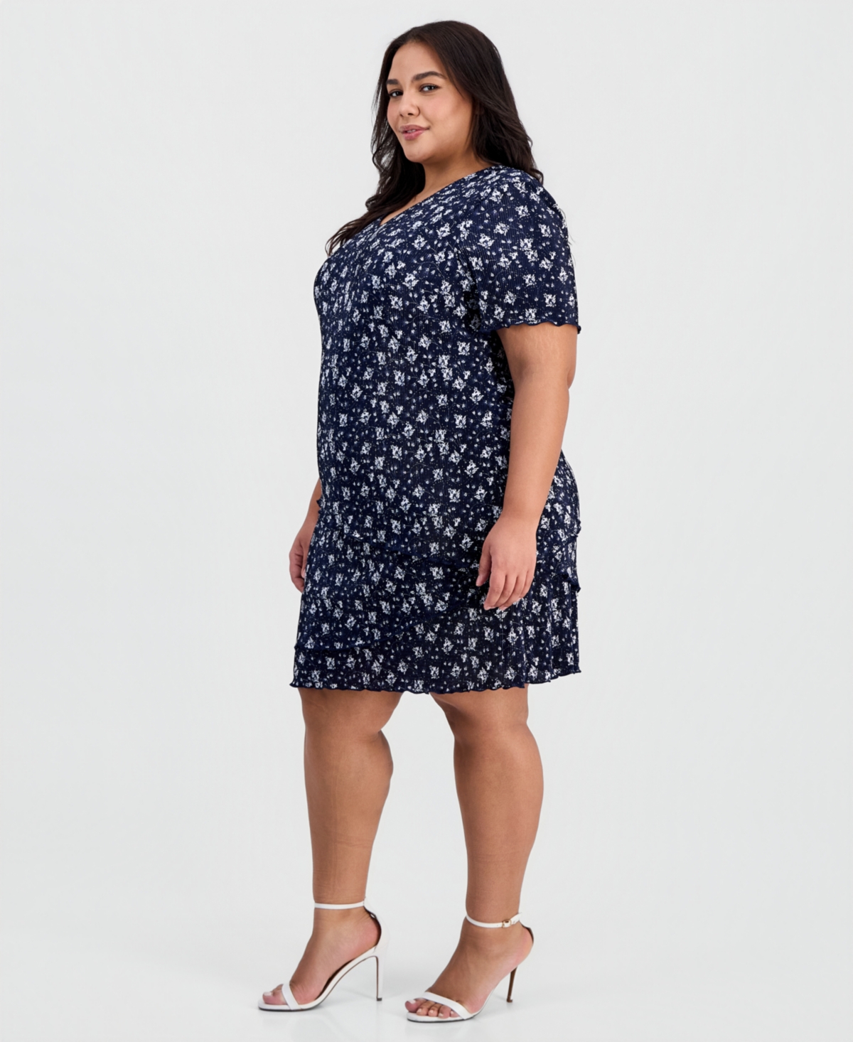 Connected Plus Floral Ruffle-Tiered V-Neck Sheath Dress