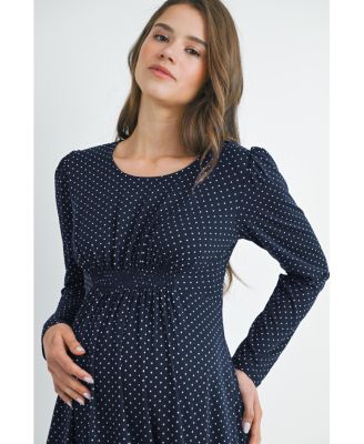 Maternity Long Sleeve Crewneck Polka Dot Dress