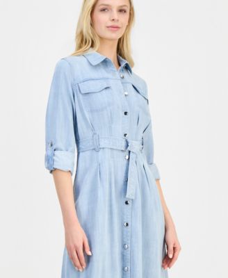 Women's Roll-Sleeve Denim Midi Shirtdress