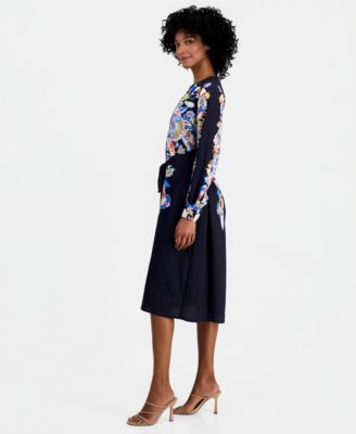 Women's Spllit-Neck Belted A-Line Dress