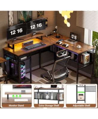 55.5'' Reversible L-shaped Desk with Power Outlets and RGB LED Lights, Computer Table with CPU Stand and Monitor Stand