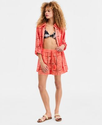 Women's Eyelet Openwork Dot Long-Sleeve Beach Shirt