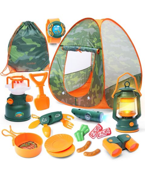 Детские игрушки Clara Clark Camping Pop-Up Tent Light-Up 17-Piece Play Set, от 3 лет, цвет: Зелёный / Оранжевый