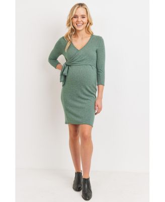 Maternity V Neck Wrap 3/4 Sleeve Nursing Dress