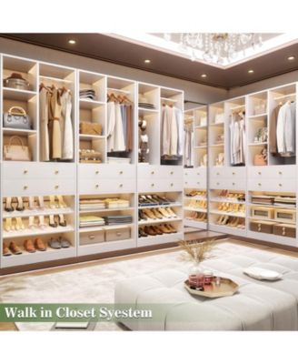 28'' Freestanding Closet Storage System with 2 Drawers, Closet Tower with Hanging Rod, Shelves & Adjustable Shoe Racks