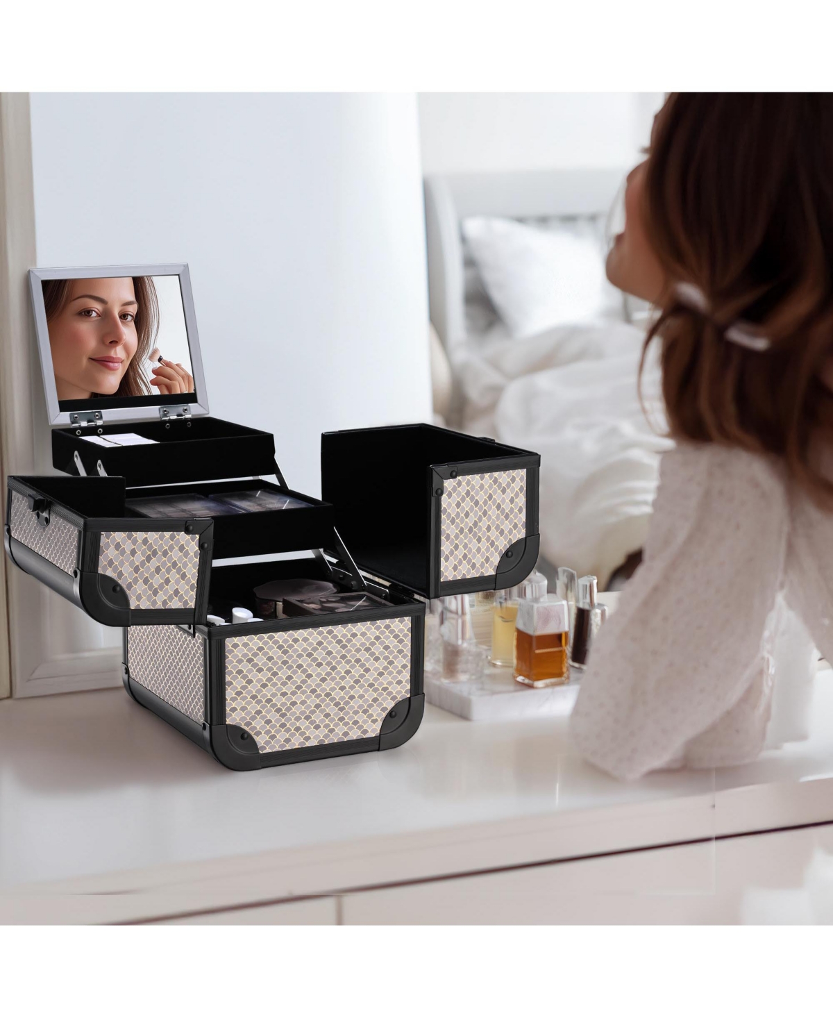 Byootique 2-Piece Makeup Train Case Cosmetic Organizer Kit Art Deco Bloom Salon